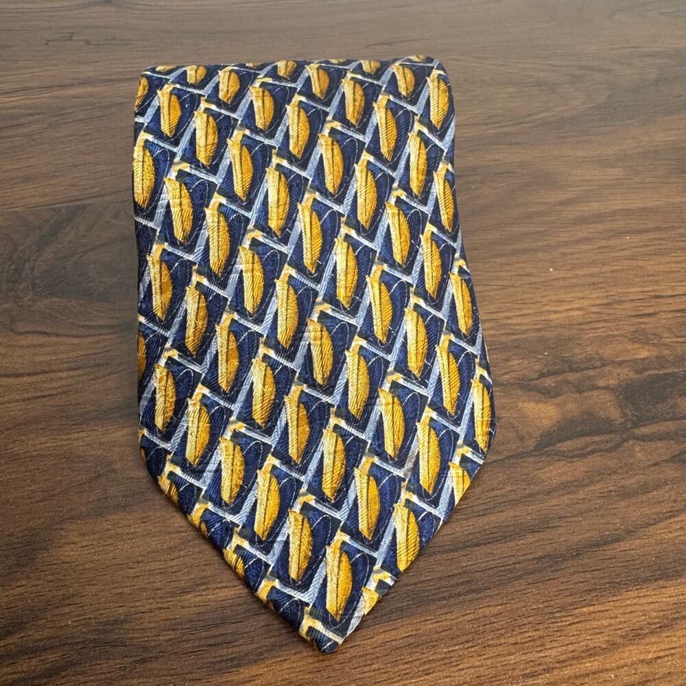Ermenegildo Zegna Men’s Silk Tie Blue Gold Geometric Luxury Designer Necktie